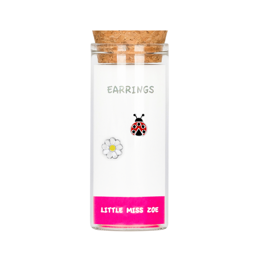 Flower/Ladybug Stud Earrings in a Bottle
