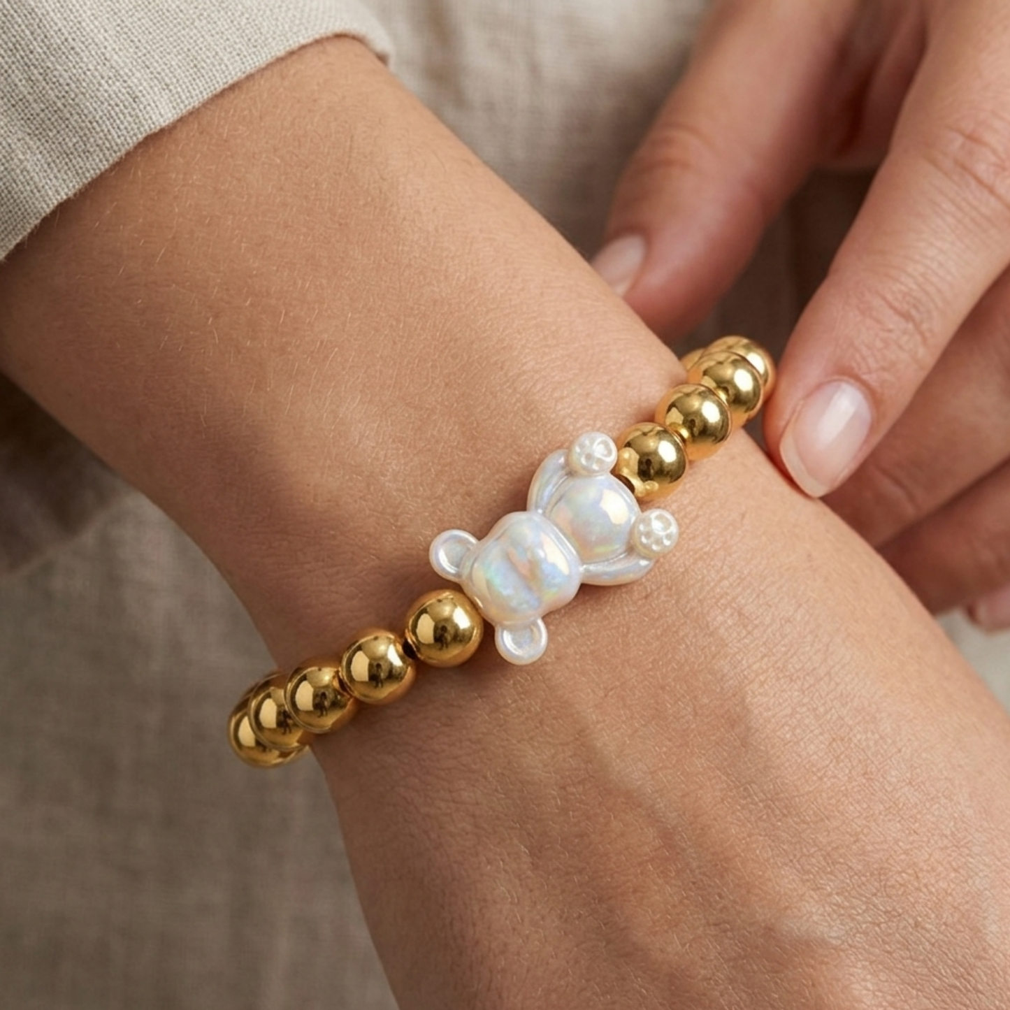 Sunday Sky Bear Charm Gold Beaded Bracelet