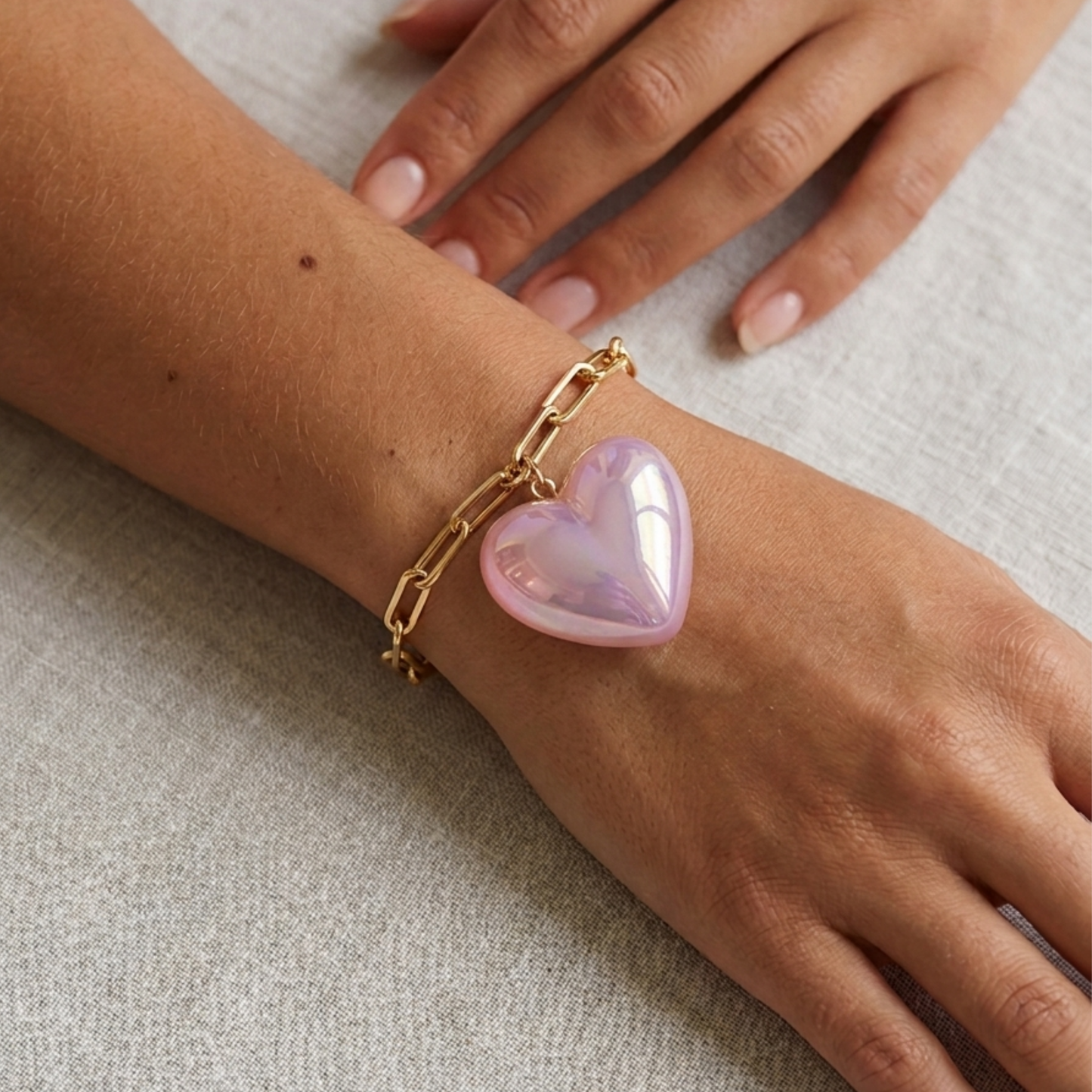 Sunday Sky Heart Charm Gold Paperclip Chain Bracelet
